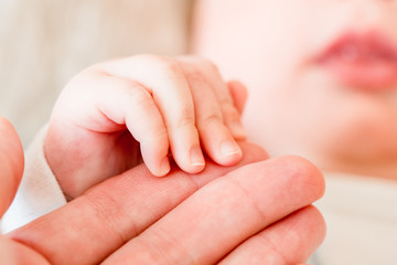 Newborn baby, closeup of fingers of fingers on hand of mother