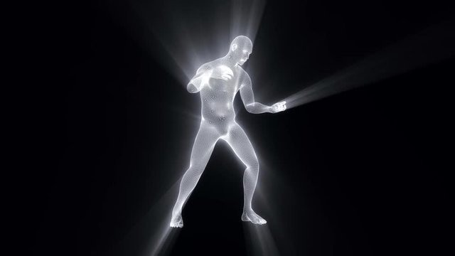 3D White Wireframe Man with Light Rays Loop Graphic Element