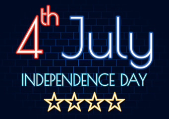 4 july Happy independence Day.Neon banner bright sign.greeting card.EPS10