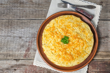 English shepherd's pie. The national dish of British cuisine. The view from the top. Copy-space.