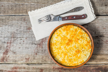 English shepherd's pie. The national dish of British cuisine. The view from the top. Copy-space.