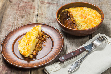 English shepherd's pie. The national dish of British cuisine. Copy-space.
