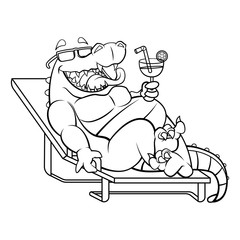 Alligator relax on lounge chair and enjoy drink at beach coloring book cartoon vector
