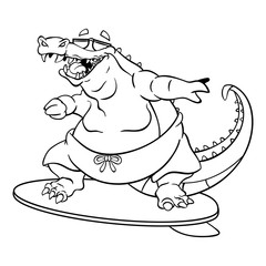 Surfing Alligator Coloring Book Cartoon Vector