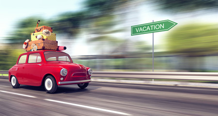 A red car with luggage on the roof goes fast on vacation 3D Rendering - obrazy, fototapety, plakaty