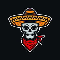 Mexican skull in sombrero. Bandit, thief, burglar