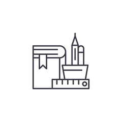 Education book, ruler, pen, pencil linear icon concept. Education book, ruler, pen, pencil line vector sign, symbol, illustration.