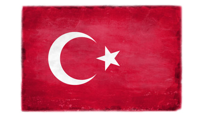 Turkish flag with traces of use in battle and destruction from difficult warfare