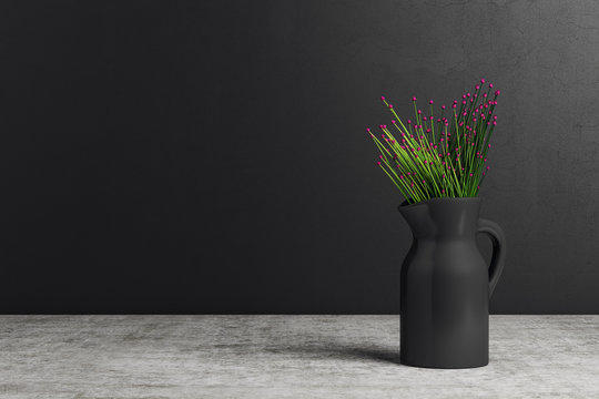 Vase with flowers on black background