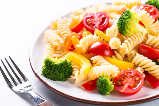 Vegan pasta fusilli with vegetables. 