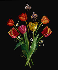 Embroidery bumble bee and bouquet of tulips. Fashionable template for design of clothes, t-shirt design, tapestry