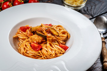 Spaghetti with chicken meat