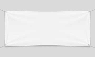 Empty mockup white textile banner with folds on ropes.