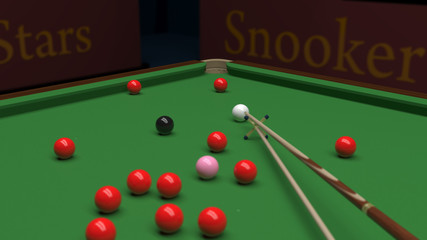 Snooker balls on green billiard table and cue on cross section rest with DOF 3d illustration