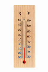 Wooden meteorology thermometer isolated on white background. Air temperature minus 6 degrees celsius