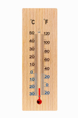Wooden meteorology thermometer isolated on white background. Air temperature minus 20 degrees celsius