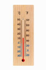 Wooden meteorology thermometer isolated on white background. Air temperature plus 13 degrees celsius