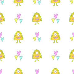 Seamless baby pattern with monster and hearts. Best Choice for cards, invitations, printing, party packs, blog backgrounds, paper craft, party invitations, digital scrapbooking.