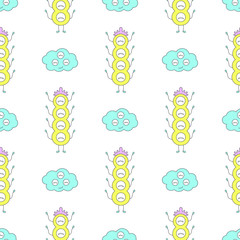 Seamless baby pattern with monster and cloud face. Best Choice for cards, invitations, printing, party packs, blog backgrounds, paper craft, party invitations, digital scrapbooking.