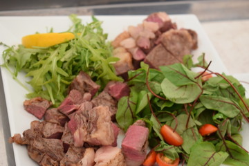 well-cooked meat with herbs and tomatoes on a plate