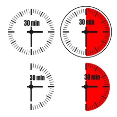Thirty Minutes Clock on white background.
