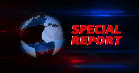 Special report broadcasting news intro graphics animation. Lead-in with rotating globe and title on abstract dynamic red and blue lights in background.
