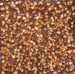 Top view of brownie cake with crushed almonds