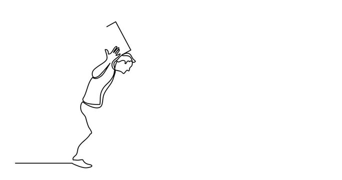 Self drawing animation of continuous line drawing of man carrying heavy weight