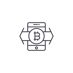 Transfer of bitcoins linear icon concept. Transfer of bitcoins line vector sign, symbol, illustration.