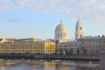 Fototapeta na wymiar Classic Historical Architecture Buildings and Orthodox Cathedral Cityscape View in St. Petersburg, Russia. Outdoor City Center Scene, Colorful Houses on River Embankment Close Up Architectural View.