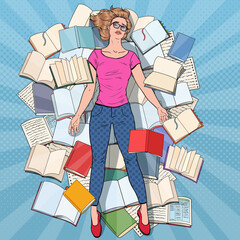 Pop Art Exhausted Student Lying on the Floor among Books. Overworked Young Woman Preparing for Exams. Education Concept. Vector illustration © Pavlo Syvak