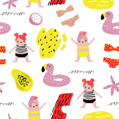 Summer Childish Seamless Pattern with Cute Girls in Swimming Pool. Creative Kids Beach Vacation Background for Fabric, Textile, Wallpaper, Wrapping Paper. Vector illustration
