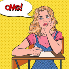 Pop Art Lazy Female Student Sitting on the Desk During Boring University Lecture. Tired Pretty Woman in College. Education Concept. Vector illustration