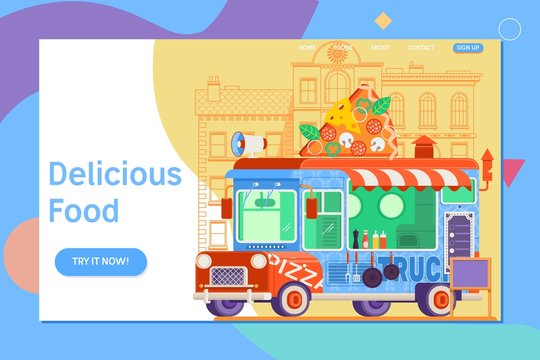 Landing page template of colorful flat pizza truck. Flat vector illustration