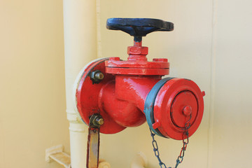 Sprinkler Valve Fire Caution Equipment Close Up View. Industrial Fire Fighting Object, Red Colored Water Supply Pipeline System Detail. Emergency, Safety and Caution Concept.