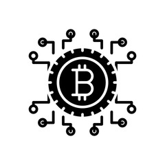 Bitcoin blockchain black icon concept. Bitcoin blockchain flat  vector symbol, sign, illustration.