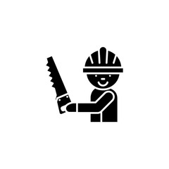 Carpenter with saw black icon concept. Carpenter with saw flat  vector symbol, sign, illustration.