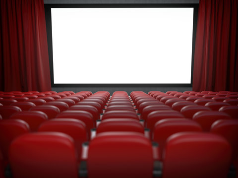 Movie theater with cinema blank screen and rows of red seats.