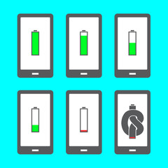 Smartphone with battery icons in different stages of decline until it becomes knotted 