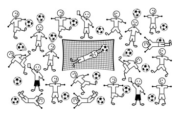 Composition of cartoon drawings of players and referees. Football or soccer. Positive black and white background. Vector graphics.