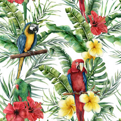 Watercolor tropical seamless pattern with tropical leaves and parrot. Hand painted flowers and palm branch on white background. Botanical illustration for design, print, fabric or background. © yuliya_derbisheva