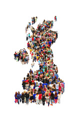 Colored map of Great Britain from people. Crowd of people standing in shape of map of Great Britain
