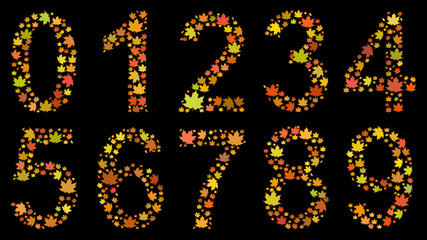 Set of digits from 0 to 9, consisting of yellow autumn leaves on black background