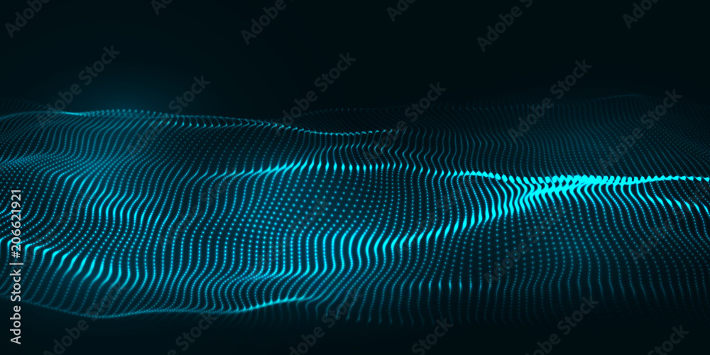 Poster digital technology wave. futuristic blue vector illustration. big data. low poly shape dots.