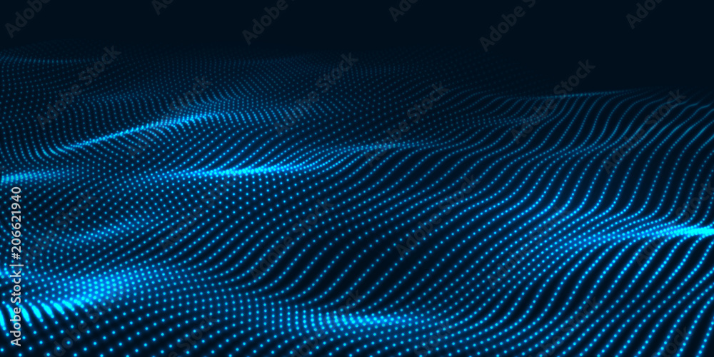 Poster digital technology wave. futuristic blue vector illustration. big data. low poly shape dots.