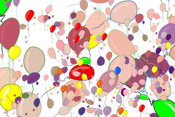 Flying balloons illustrations background abstract, hand drawn. Bunch, greeting, congratulation & template.