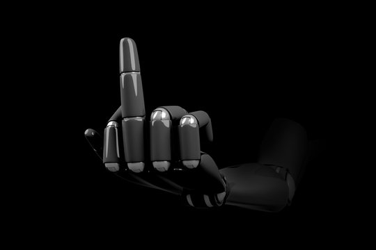 The robot's hand is made of black plastic showing a gesture with the middle finger raised as a symbol of a negative attitude to something.3d illustration