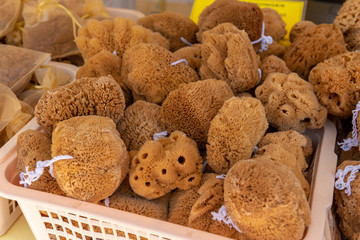 Natural sponges in local market. Symi island. Greece