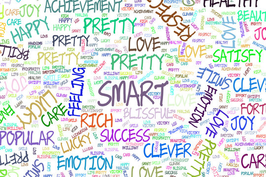 Smart, decorative hand drawn positive emotion word cloud illustrations. Words, sketch, messy & backdrop.