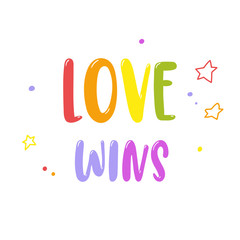 Bright rainbow inscription Love wins isolated on white. Gay Pride lettering. LGBT rights concept. Vector template.